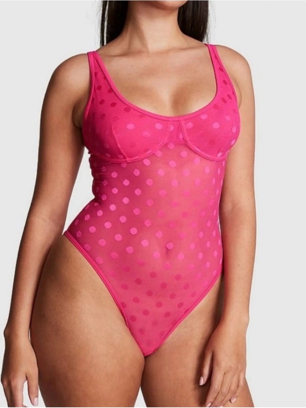 PINK Victoria's Secret Hot Pink Sheer Polka Dot Bodysuit